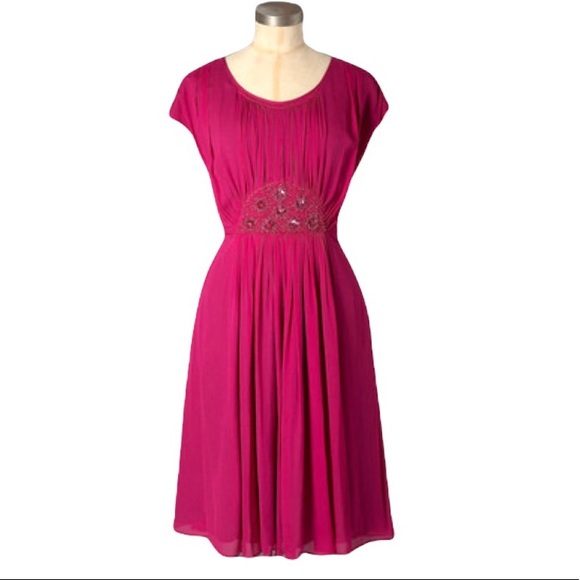 Boden Beaded Jeweled Georgette Fuchsia Pink Scoop Neck Midi Dress - 4 - Picture 2 of 14